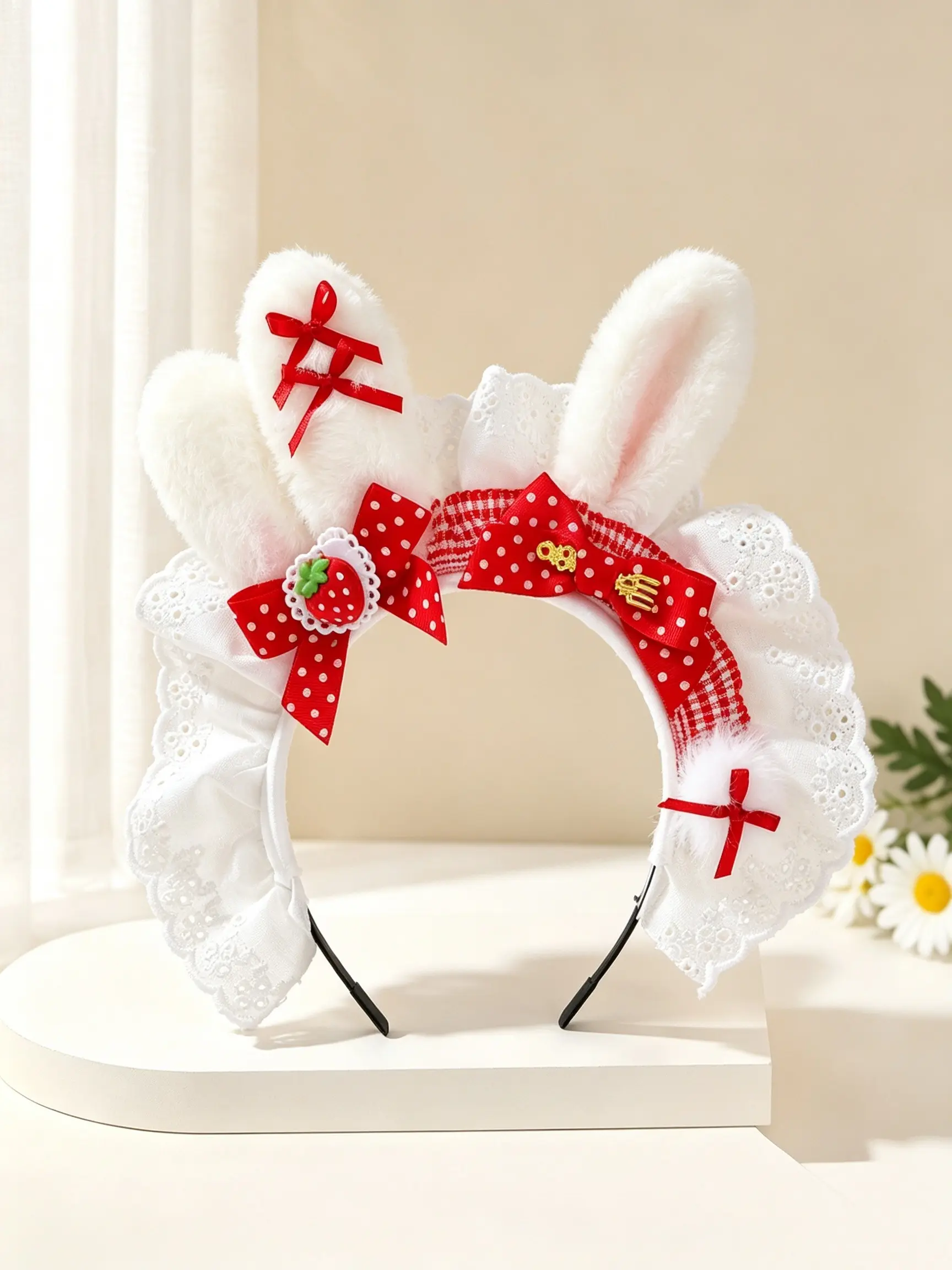 Cute Plush Bunny Ear Hairband, Ruffled Lace Polka Dot Strawberry Bow, Sweet Cool Girl Hair Accessory, Anime Role Play, Tea Party, Cute Headbands