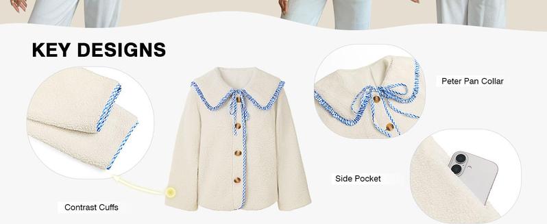 Womens Fuzzy Fleece Jacket Peter Pan Collar Button Down Fall Winter Sherpa Coats Colorblock Cute Warm Outerwear