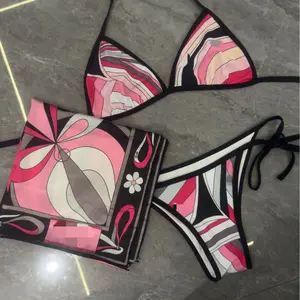 2026 New Geometric Print Two-Piece Bikini Set with Wrap Scarf for Vacation Beach Swimwear