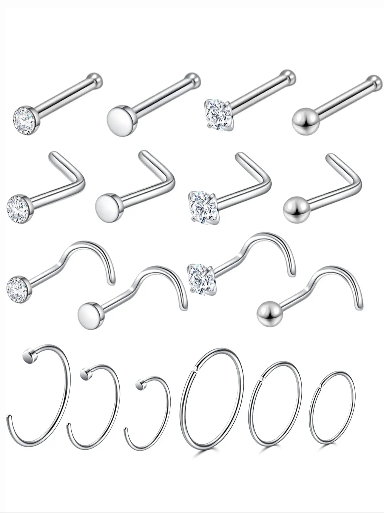Surgical Steel Nose Piercing Jewelry - 20G & 18G Nose Rings & Studs, Hoops 8mm-12mm, CZ Diamond 1.5mm-3mm, L-Shaped & Hoop Styles for Women & Men
