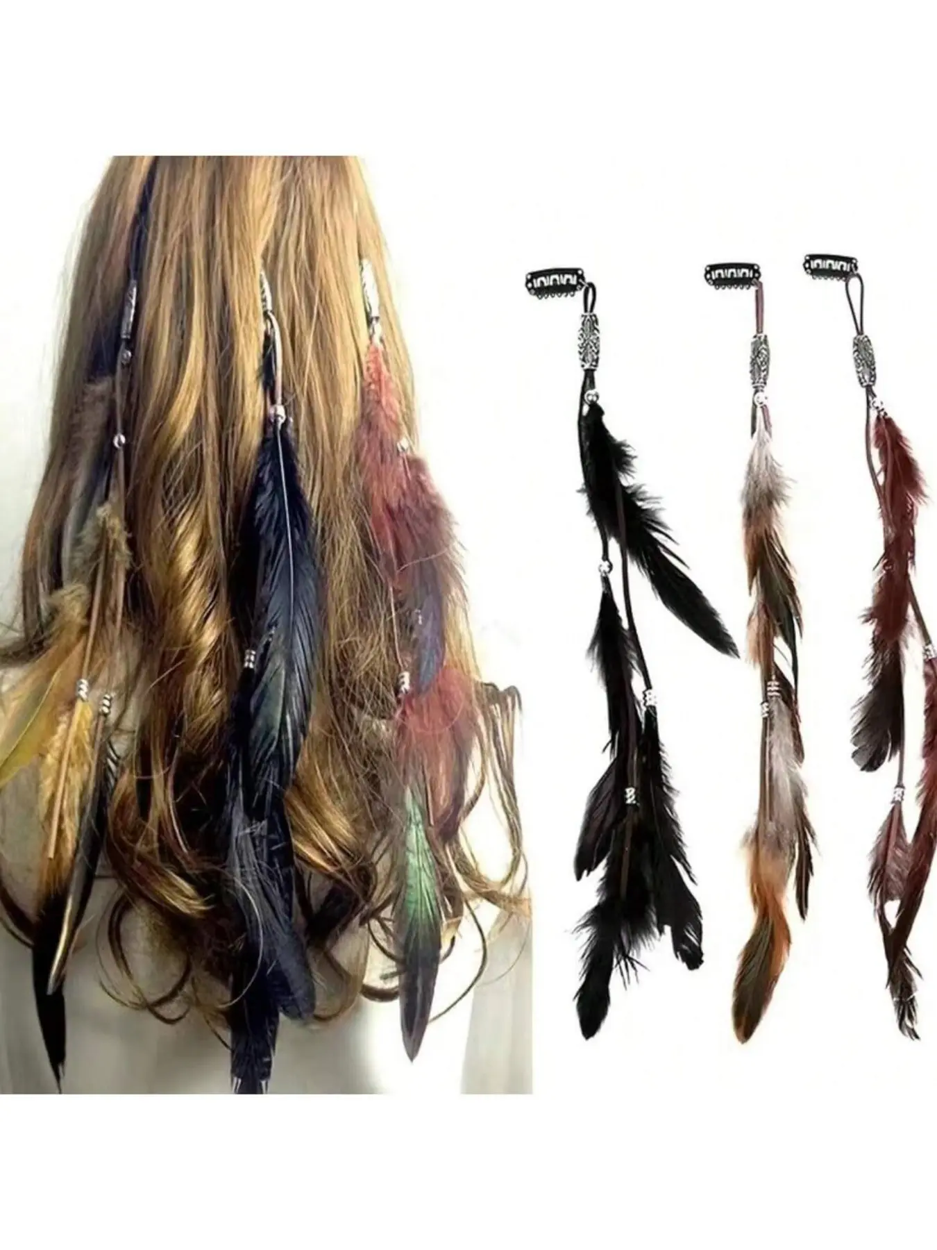 3pcs Artificial Feather Boho Style Feather Tassel Hair Clip With Snap, Suitable For Women Daily Use,Fashion Hair Accessories,Hair Barrettes Hair Clips Claw Clips Hair Claws Hair Decor Hairclips