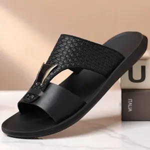 Luxury Style Men's Slide Sandals with Woven Strap Detail & Gold Accent| Elegant Comfortable for Outdoor Use Summer Walking Shoes