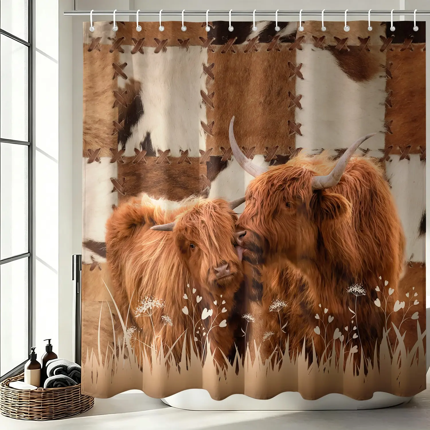 Cowhide Patchwork Couple Highland Cow Shower Curtain Set, Waterproof Cloth Fabric Bathtub Curtain 72"x72" with 12 Hooks, Western Rustic Farm Lovers Bathroom Decor Accessories, Boho Shower Curtain