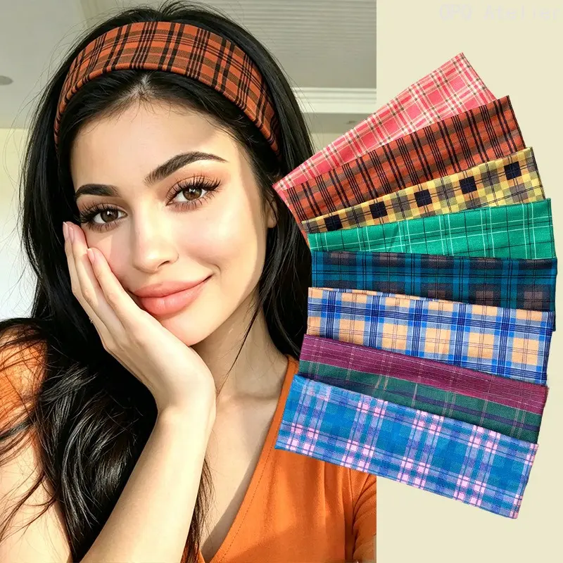 8/1PC Plaid Wide Headband Soft Fabric Tartan Hairband Non‑Slip Elastic Head Wrap Retro Preppy Style Hair Accessory For Women Daily Makeup Sports
