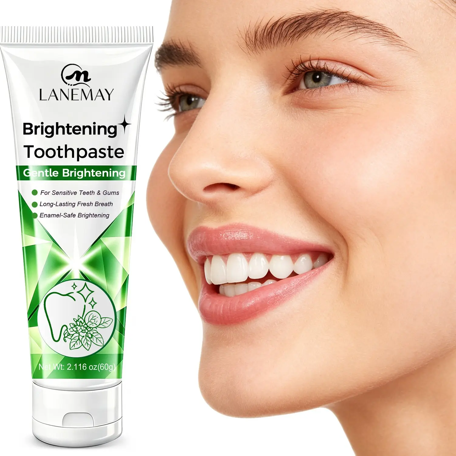 Brightening & Gums-Protecting Mint Toothpaste, Gentle Effective Toothpaste, Sensitive Teeth Toothpaste, Mint Extract + Olive Oil + Lemon Extract, Reduces stains, Gently cleans and protects gums, Daily oral care, Long-lasting fresh breath, 60g