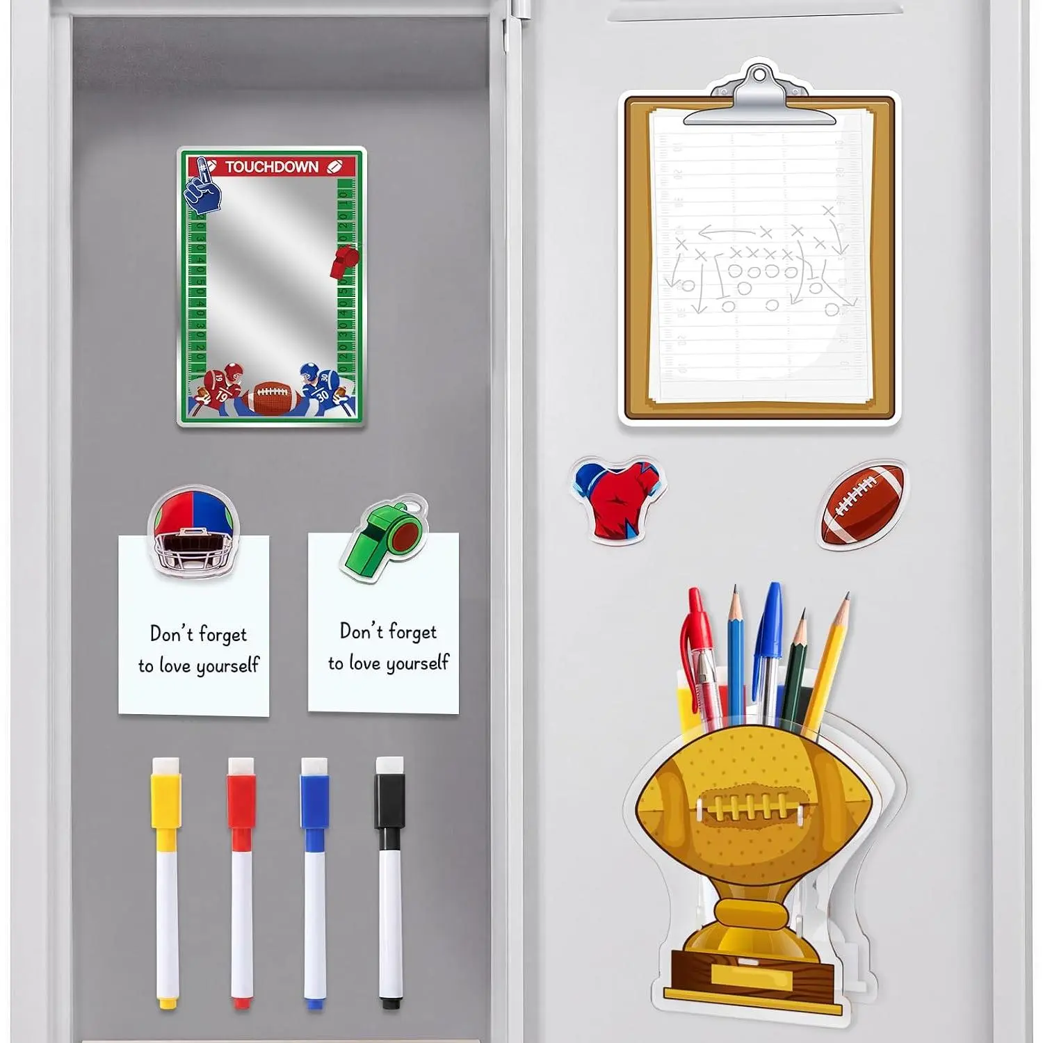 11 count Locker Accessories Kit Football Touchdown Locker Organizer  Whiteboard Mirror Pen Holder  Stickers for  to School Essentials Supplies