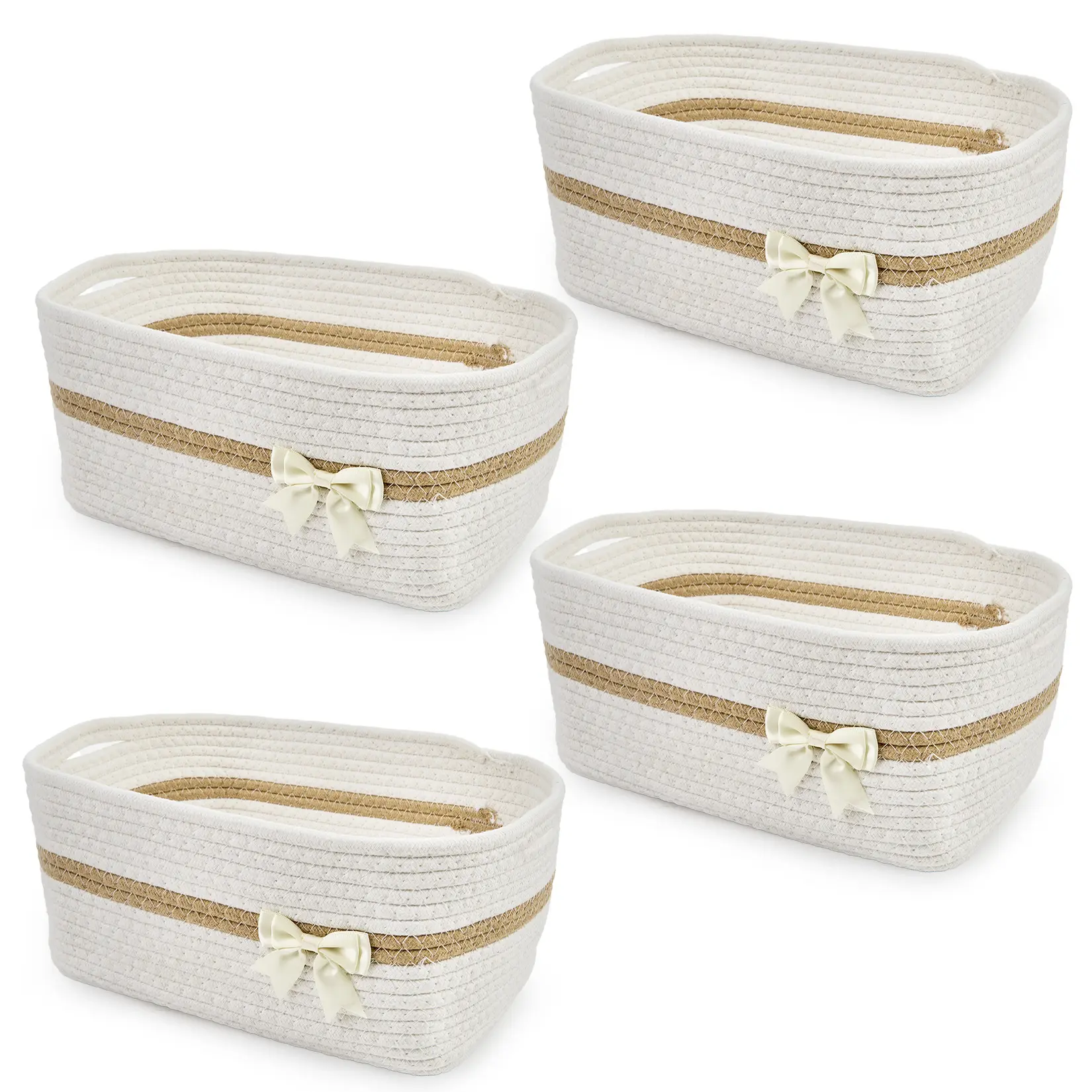 4-Piece Woven Basket Gift Set – Small White Storage Bins with Gift Wrapping Bags & Bows, Perfect for Toy Organization, Shelves & DIY Gift Presentation