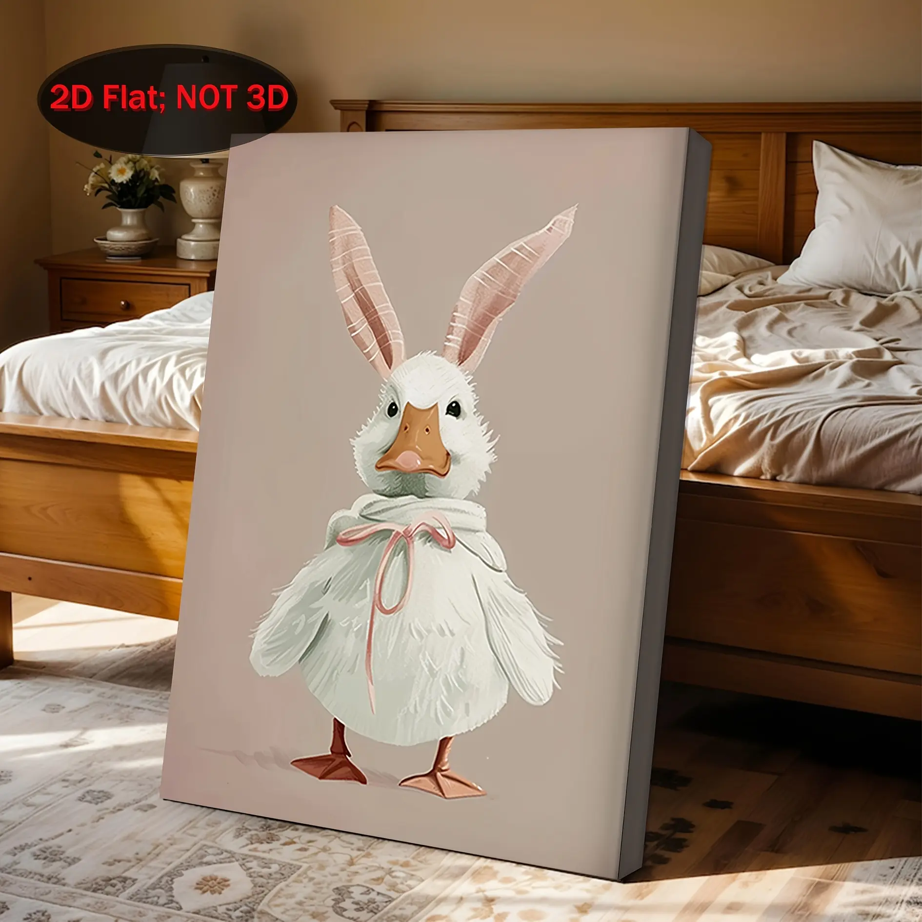 2D Flat Painting, 1-piece vintage Easter duck design--cute duck pattern, paintable and printable art, suitable for bedroom, living room, bathroom, and kitchen decoration--vintage duck painting gift, wrap-around framed canvas, 2D flat effect