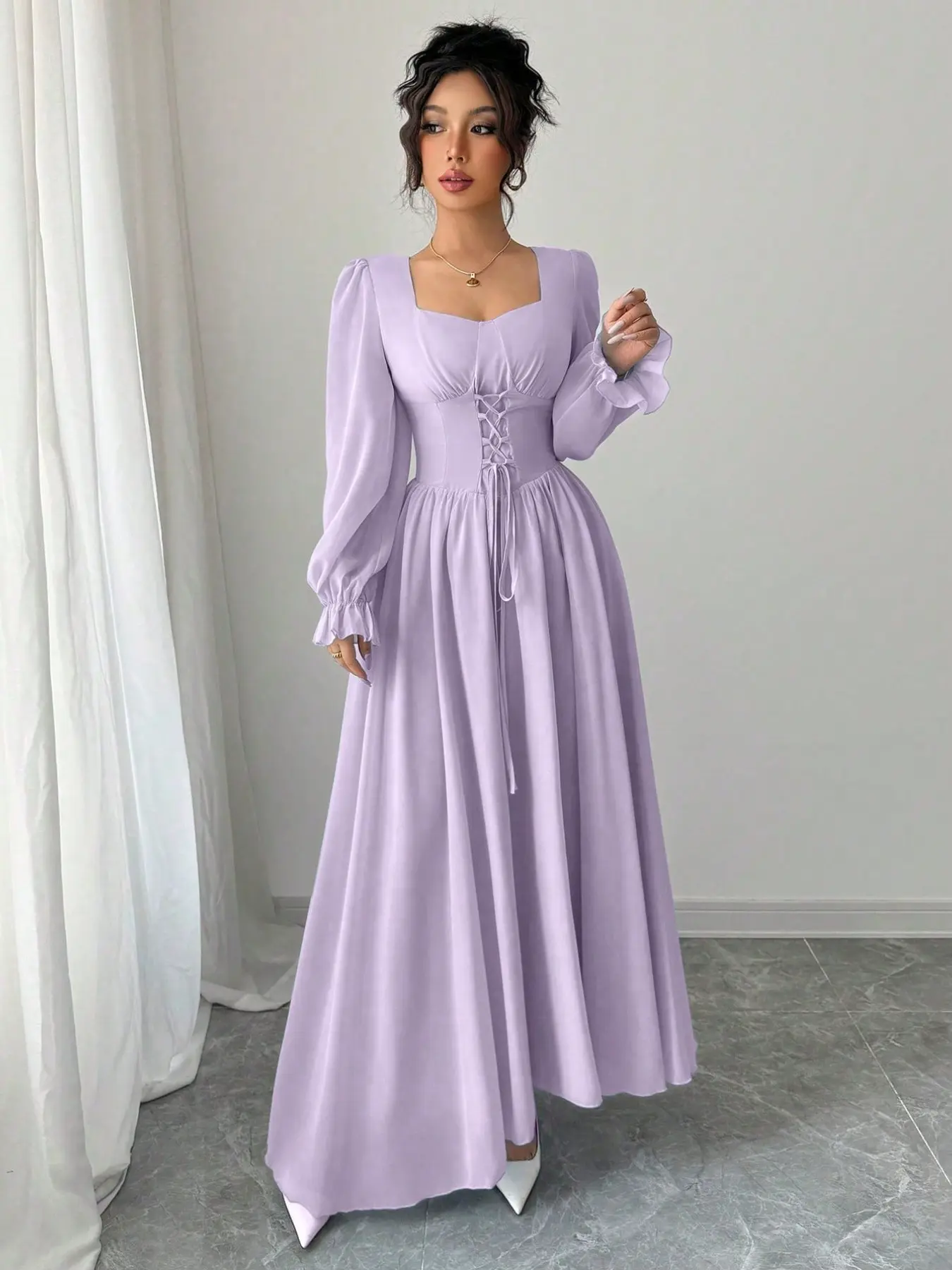 Women's Light Chic Elegant Womenswear Long Sleeve Fashion Ruffle High Waist A-Line Dress, Solid Pattern, All Seasons, Casual Wear, Elegance