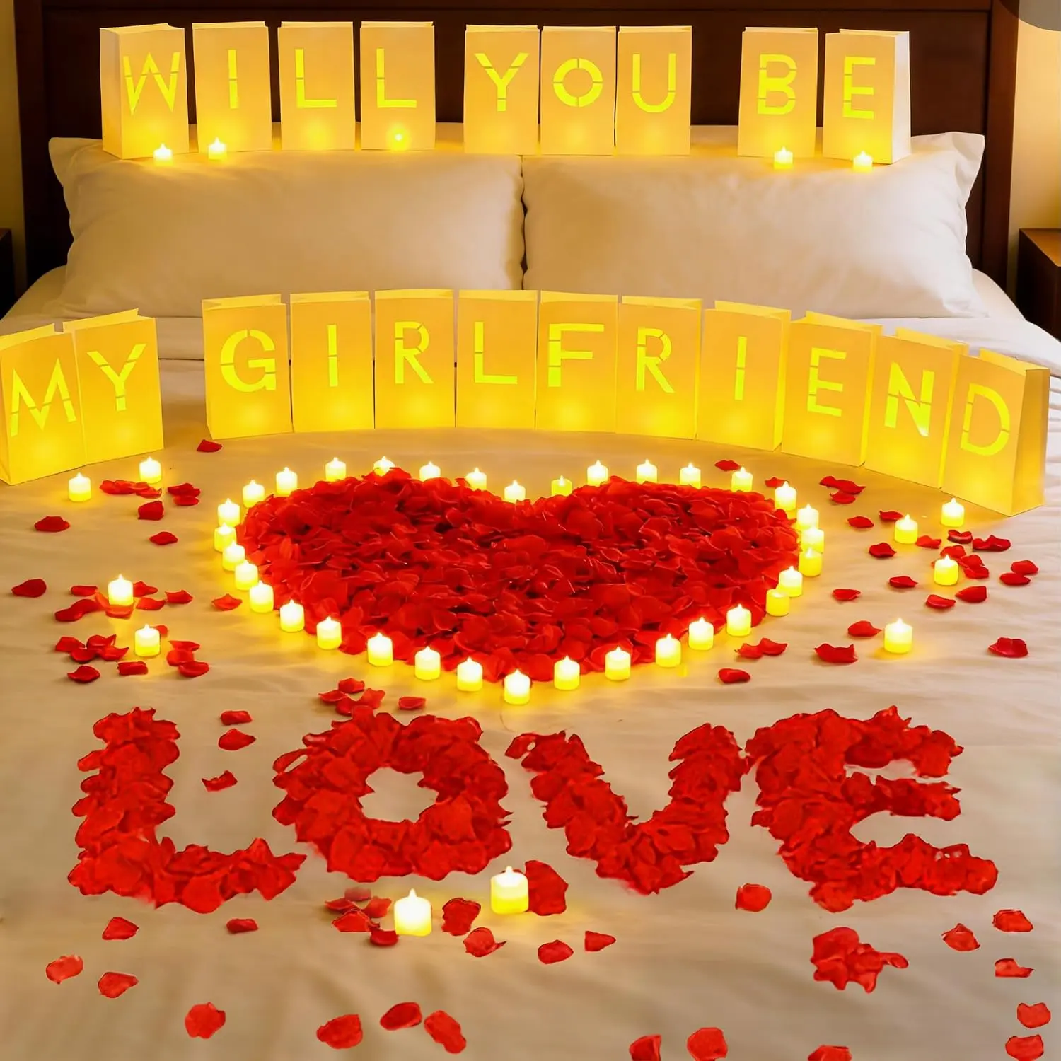 "Will You Marry Me" Light-Up Letters Decorative Set - Modern Synthetic Heart-Shape Proposal Kit with Luminary Paper Bags, LED Candles, Rose Petals, Heart Balloons for Romantic Proposals, Valentine's Day