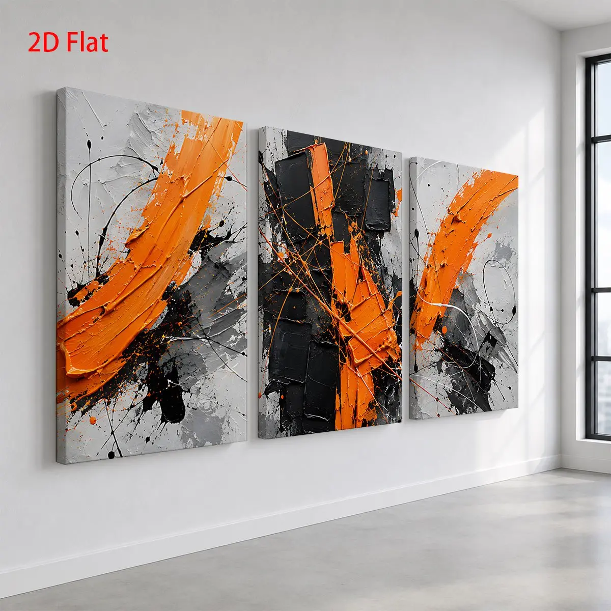 Three-piece set of two-dimensional decorative paintings--three abstract art pieces, with orange, black, and gray brushstrokes embellishing a white background, themed canvas wall art, ready-to-hang canvas prints, suitable as home decor giftsCanvas Wall Art