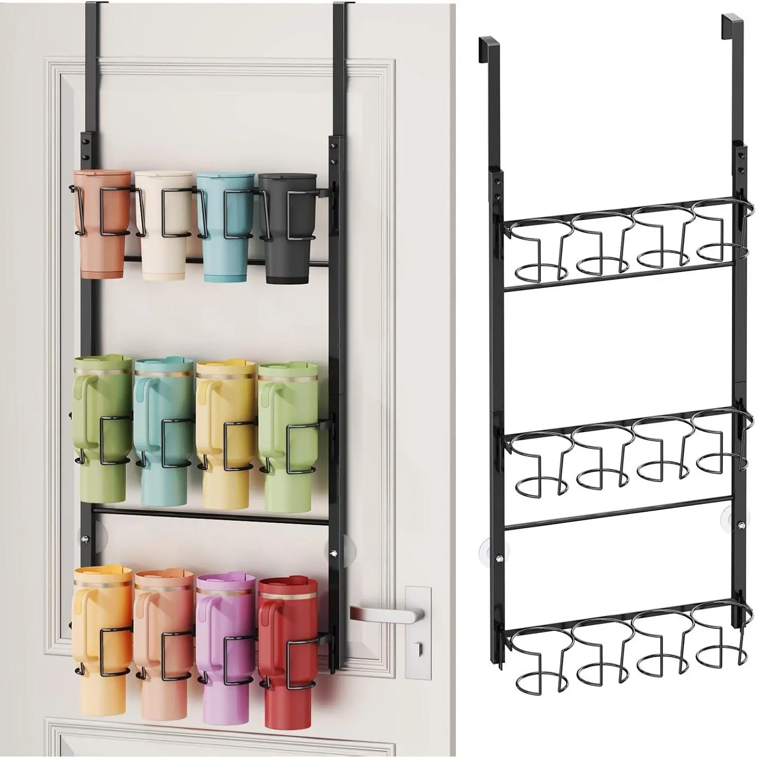 3-Tier Water Bottle Organizer – Over the Door Stanley Cup Holder, Cup Organizer for Door or Wall Mount Option, Stanley Accessories for Pantry, Dorm, Office, RV Use, Black