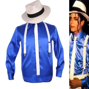 MJ Michael Jackson Smooth Criminal Bule Shirt MTV Fedora Tie Suspender For Men Kids Gift