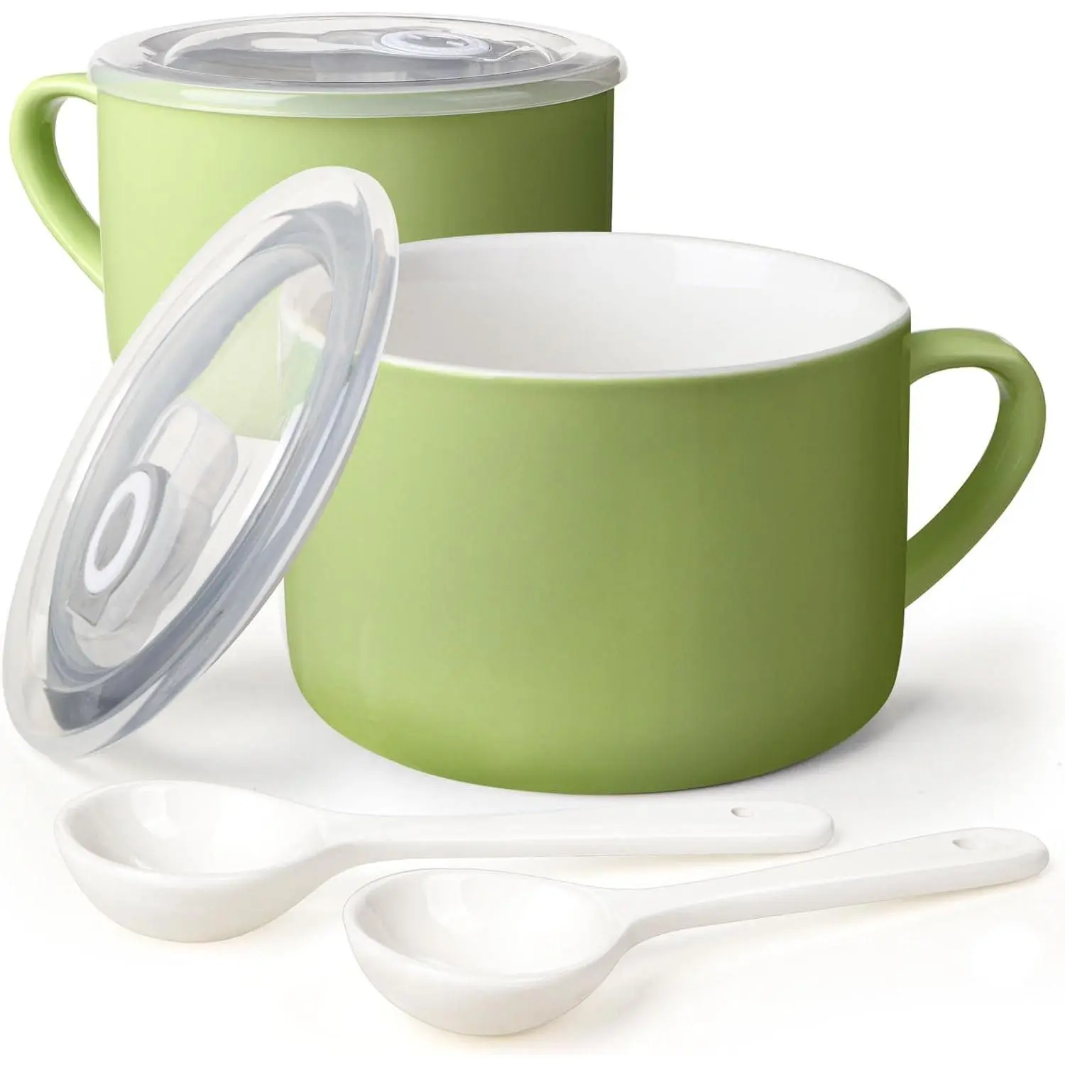 Soup Bowls with Handles & Spoons, 30oz Ceramic Ramen Bowl with Lid, Large Soup Mugs/Cups for  Noodle, Big Cereal Bowls for Oatmeal, Soup Containers with , Set of 2, Grass Green