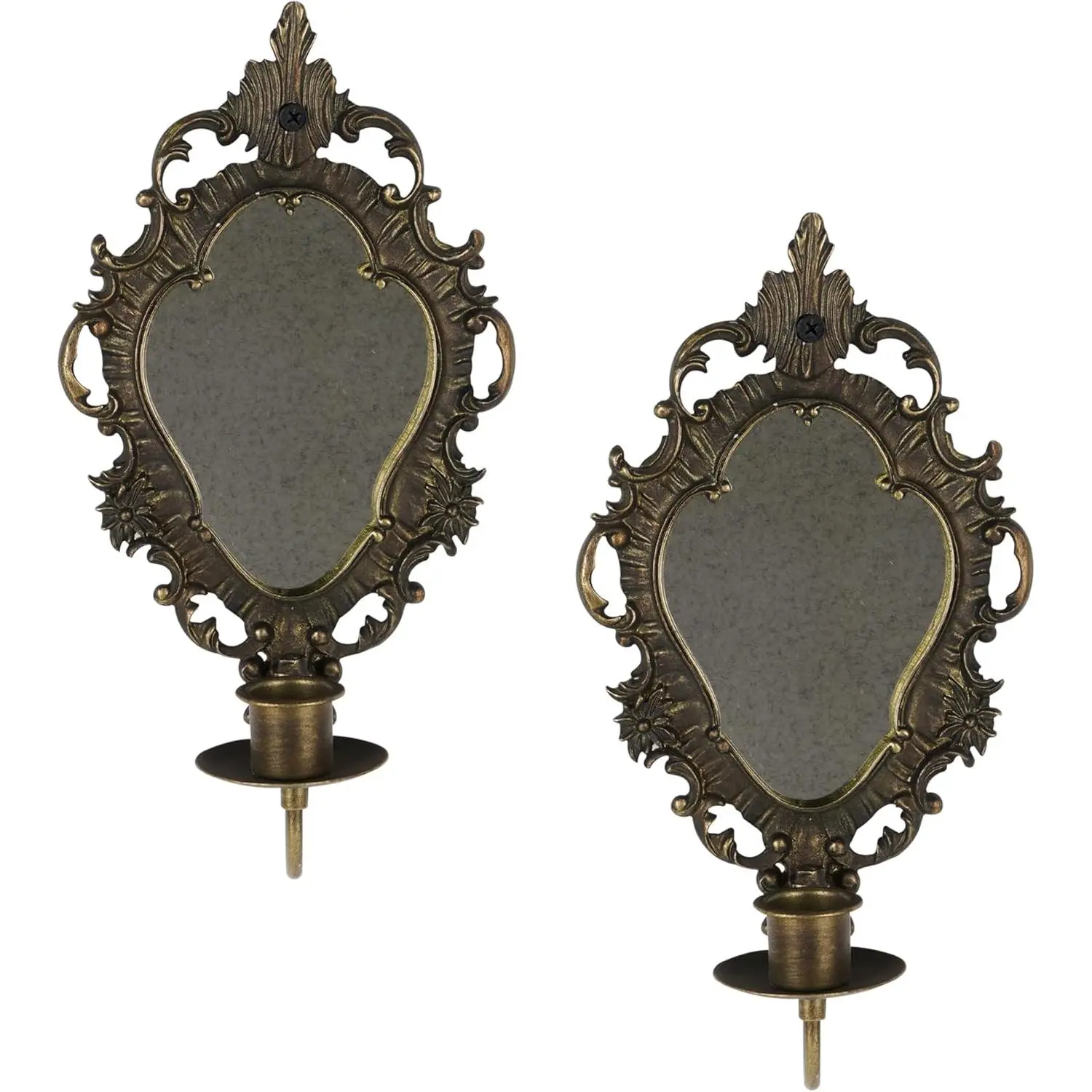 SOFFEE DESIGN Set of 2 Antique Gold Wall Sconces, Vintage Candle Holder with Distressed Mirror & Ornate Frame, for Taper Candles in Bedroom Hallway Decor