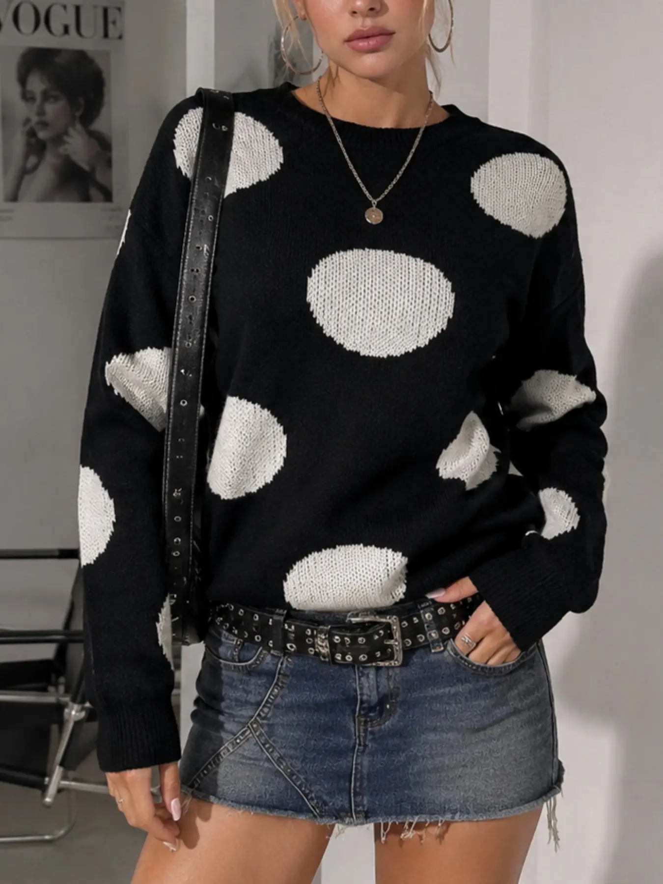 Women's Plus Size Polka Dot Round Neck Loose Knit Sweater, Fall Winter Casual Daily Wear, Street Style, Friends Outing