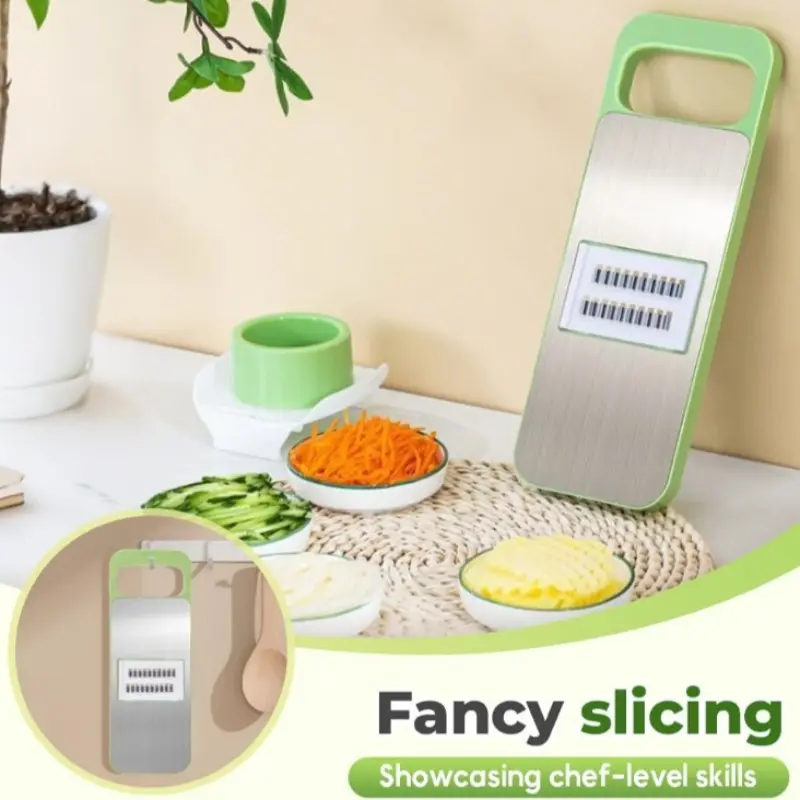 Multifunctional stainless steel vegetable slicer with 5 interchangeable blades for slices, julienne strips, wavy cuts and garlic mince. Equipped with a hand guard for safe operation, easy to rinse and compact, ideal for daily kitchen prep.