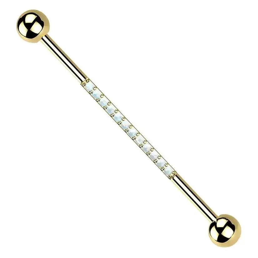 Gold PVD Center Line White Opalite Titanium Industrial Barbell