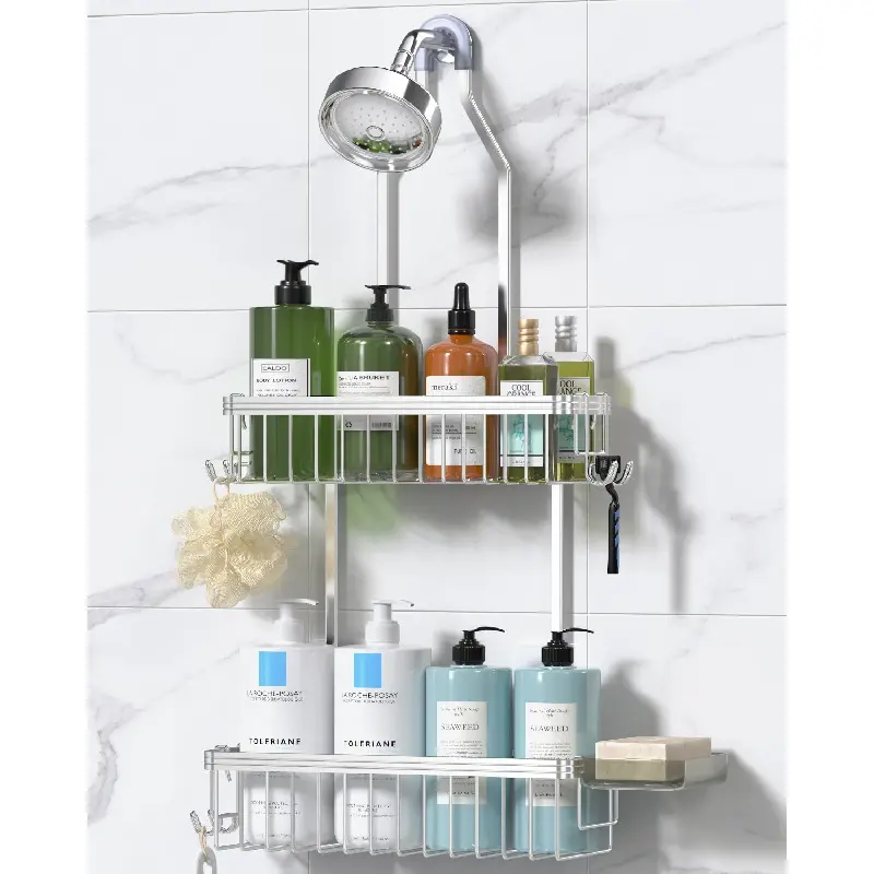 Bright Silver Aluminum Hanging Shower Caddy, Rust Proof Shower Organizer Rack with Soap Holder & Multi Hooks for Razor, Space Saving Bathroom Storage Organizer for Inside Shower