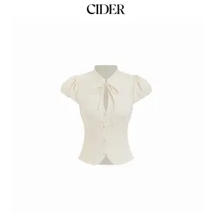 Cider Cotton-blend Stand Collar Puff Sleeve Lace Trim Bowknot Cut Out Blouse Dealsforyou