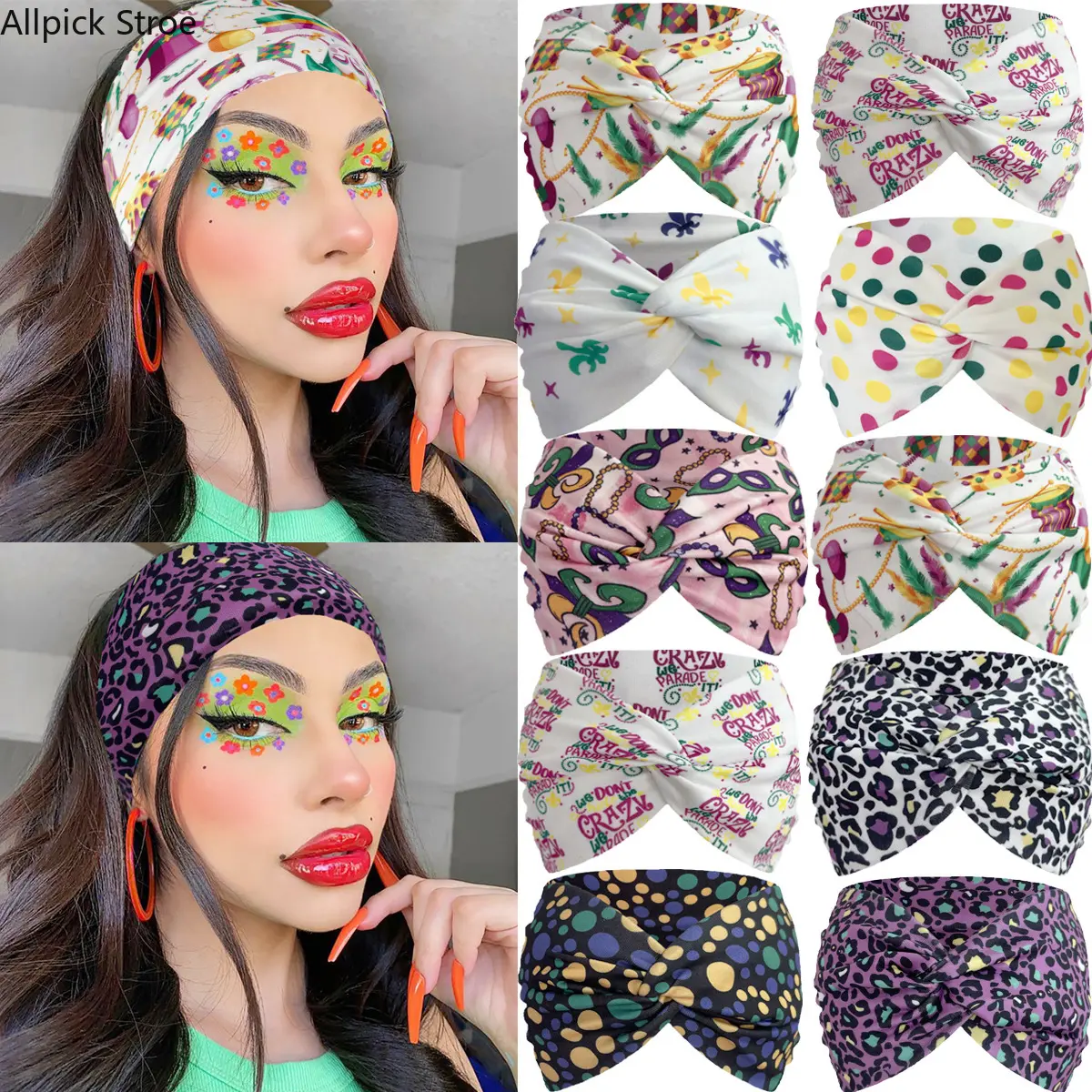 4PCS Wide Printed Headbands for Women, Elastic Breathable Hair Bands with Polka Dot & Cross Pattern, Stretchy Non-Slip Fashion Hair Accessories for Daily Wear, Workout, Travel & Festivals