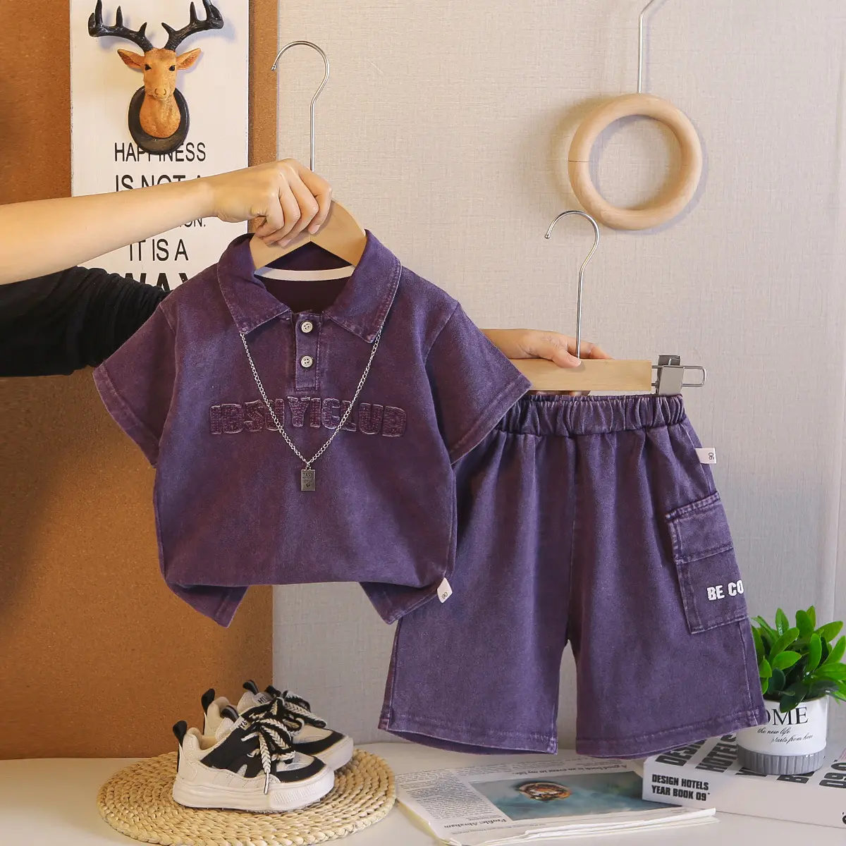 Kids' 3-4 Years Vintage Washed Purple 2-Piece Casual Set - Embroidered Letter Polo Short-Sleeve Top, Cargo Pocket Shorts, Soft Polyester Knit Regular Cut For Daily & Outdoor Wear