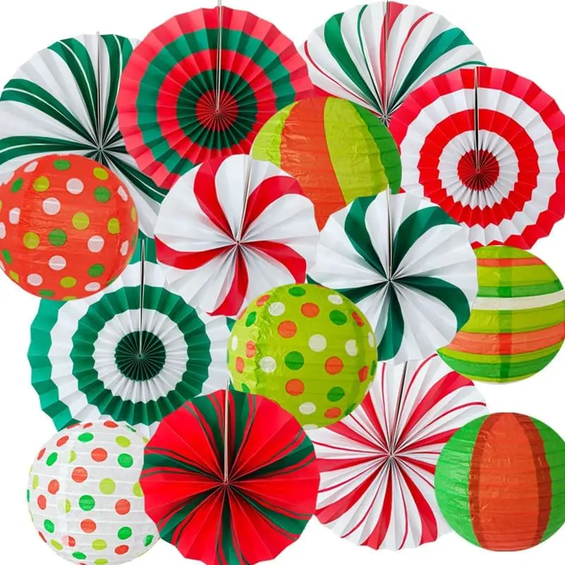 15 count Christmas Candy Party  Decorations – Red Green White Peppermint Paper Lanterns and  Fans Set for Holiday  Wall Ceiling Décor, Winter Birthday, Xmas Backdrops