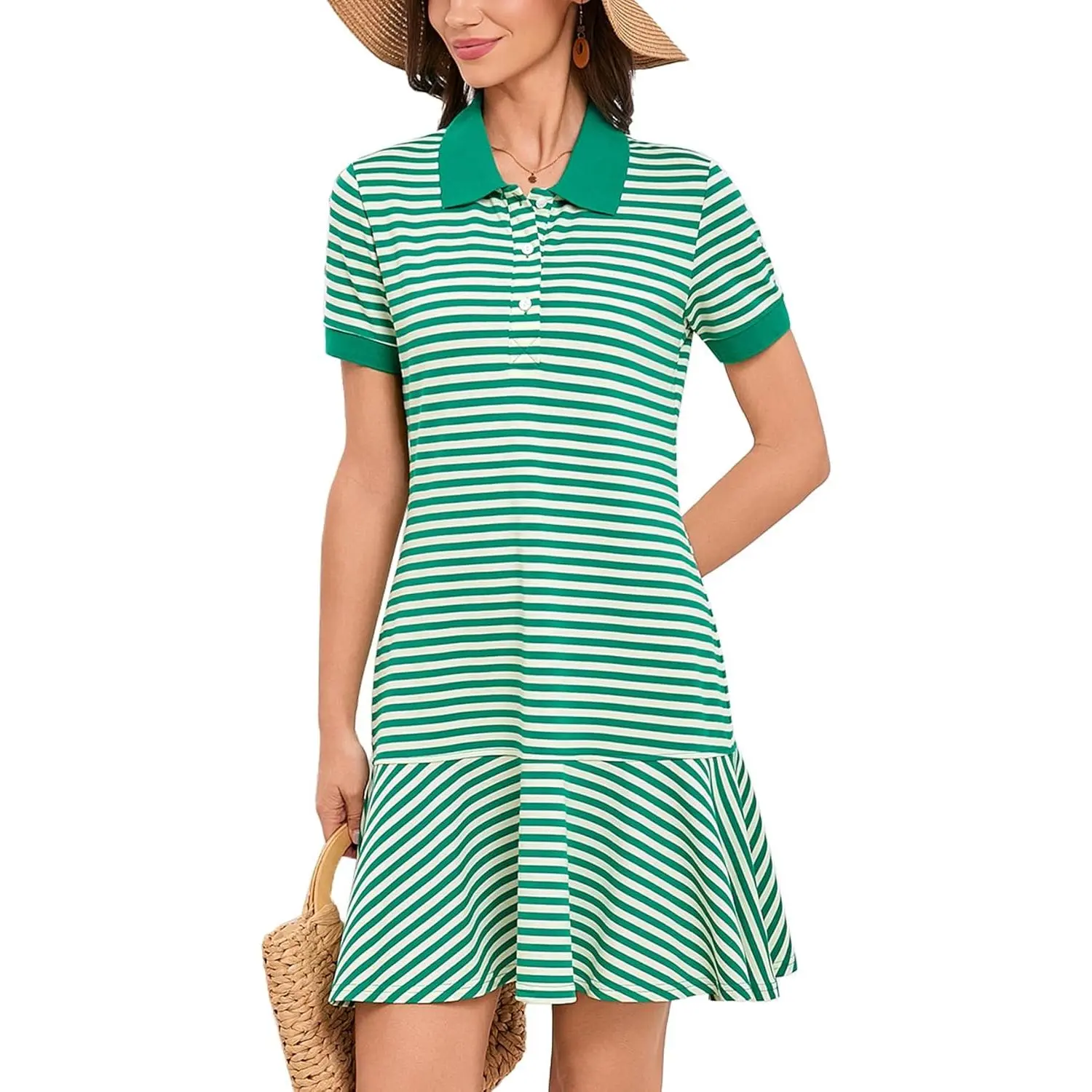 Women's Polo Dress, Short Sleeve Horizontal Stripe Mini Dress with Collared Neck and Ruffle Hem for Casual Summer Golf & Tennis, Shortsleeve, Striped, Polo Neck, Outdoor Sports
