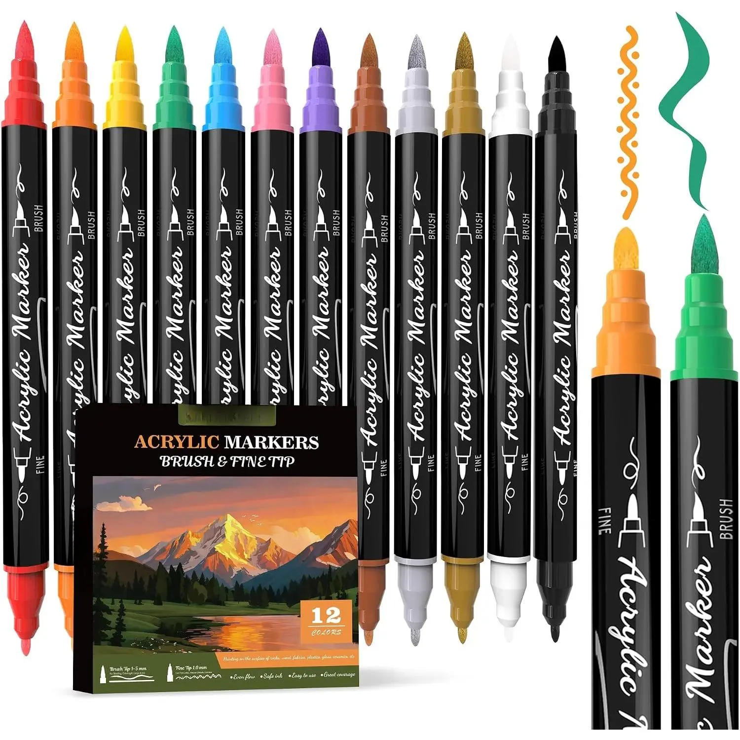 12 Colors   Markers   Tip   Pens with Brush & Fine Tip Professional Marker Set Scrapbook Markers for Paper Rock  Fabric Glass Ceramic and DIY Crafts