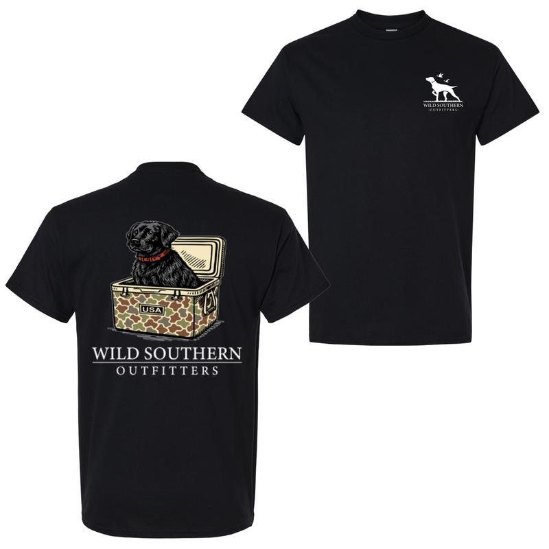 Wild Southern Outfitters Puppy T-Shirt - Cute Black Lab In Camo Cooler Graphic, Hunting Dog Lover Shirt, Casual Everyday Wear Classic Menswear