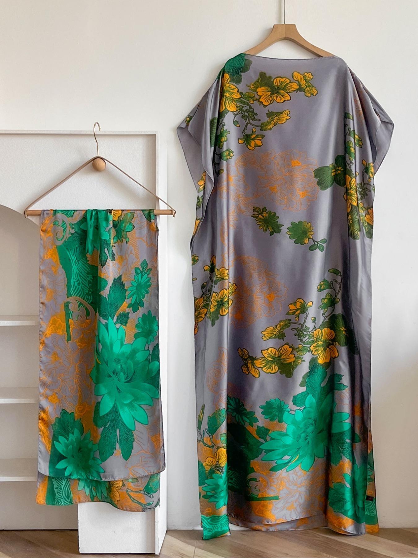 Women's Floral Print Long Dress & Scarf Set, Boho Casual Shawl Dress & Scarf Set for Beach Vacation Holiday, Ladies Clothes for All Seasons