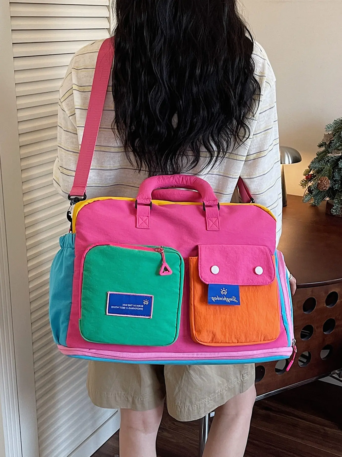 Foldable Travel Backpack, Colorblock Design, Detachable Shoulder Strap, Waterproof Nylon, Large Capacity, Casual Style, All Seasons