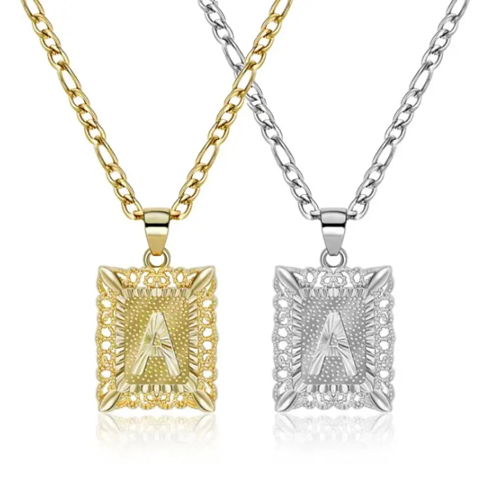 14K Gold Plated Personalized Square Capital Monogram Pendant Necklace, 2PCS Initial Letter Pendant from A Z Figaro Chain Necklace Jewelry Gift Fashion Jewelry Gift for Holiday Haul Christmas Birthdays Anniversaries