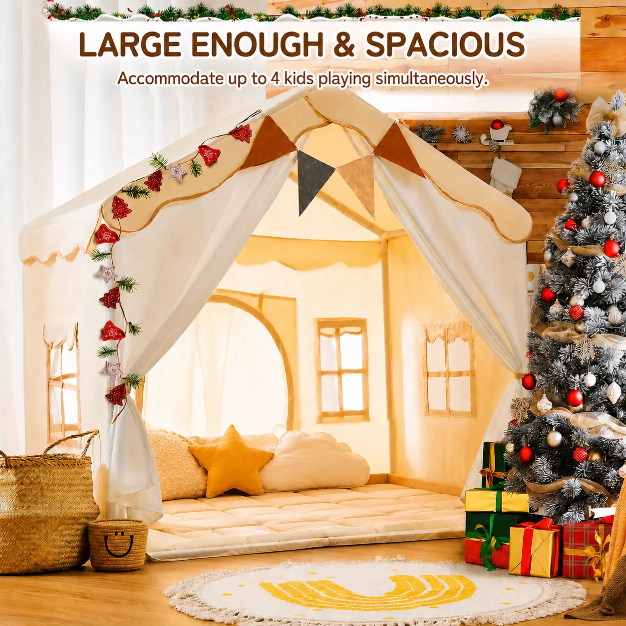 Large Khaki Kids Castle Playhouse with 2 Doors and 4 Windows, Girls Princess Castle Reversible Tent with Included Stand, Indoor/Outdoor Play Tent House, Easy to Set Up Imaginative Play Tent, Indoor Kids Play Tent