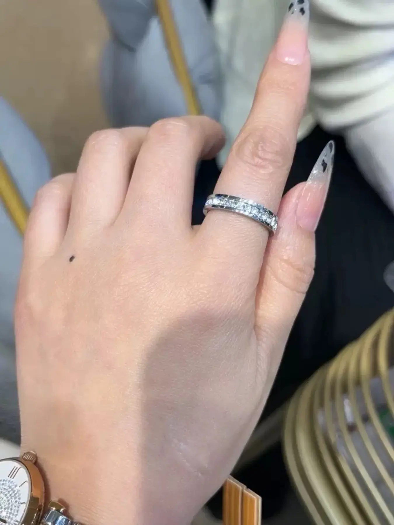 1pc Stainless Steel Rotating Double-Ring Square Zirconia Lucky Spinner Ring