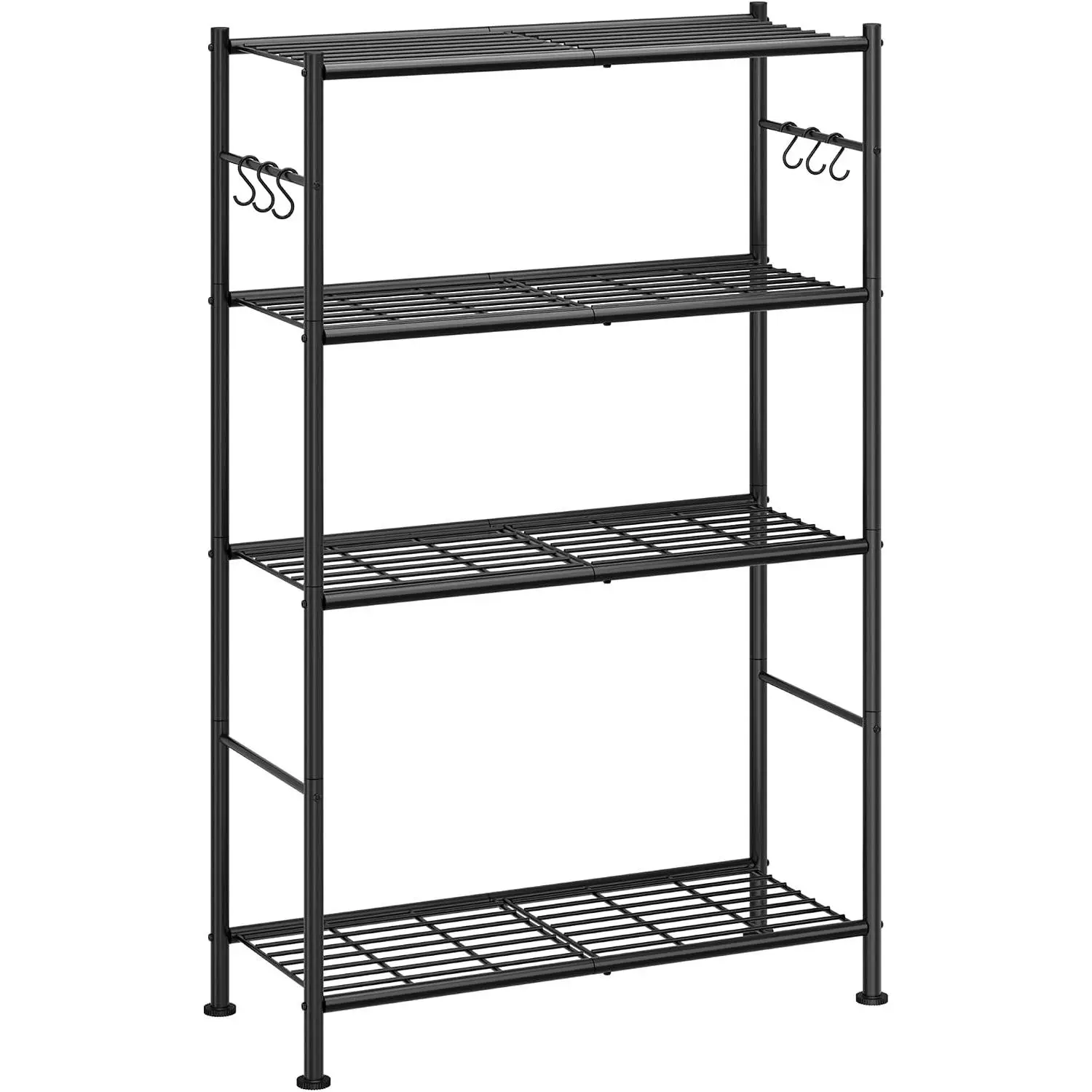 Storage Shelves - 4-Tier Spacious Shelf Organizer with Hooks & Leveling Feet, Easy to Assemble, Rust-Resistant Garage Shelving for Kitchen, Pantry, Bedroom, 33.2" x 12.7" x 57.3", Black