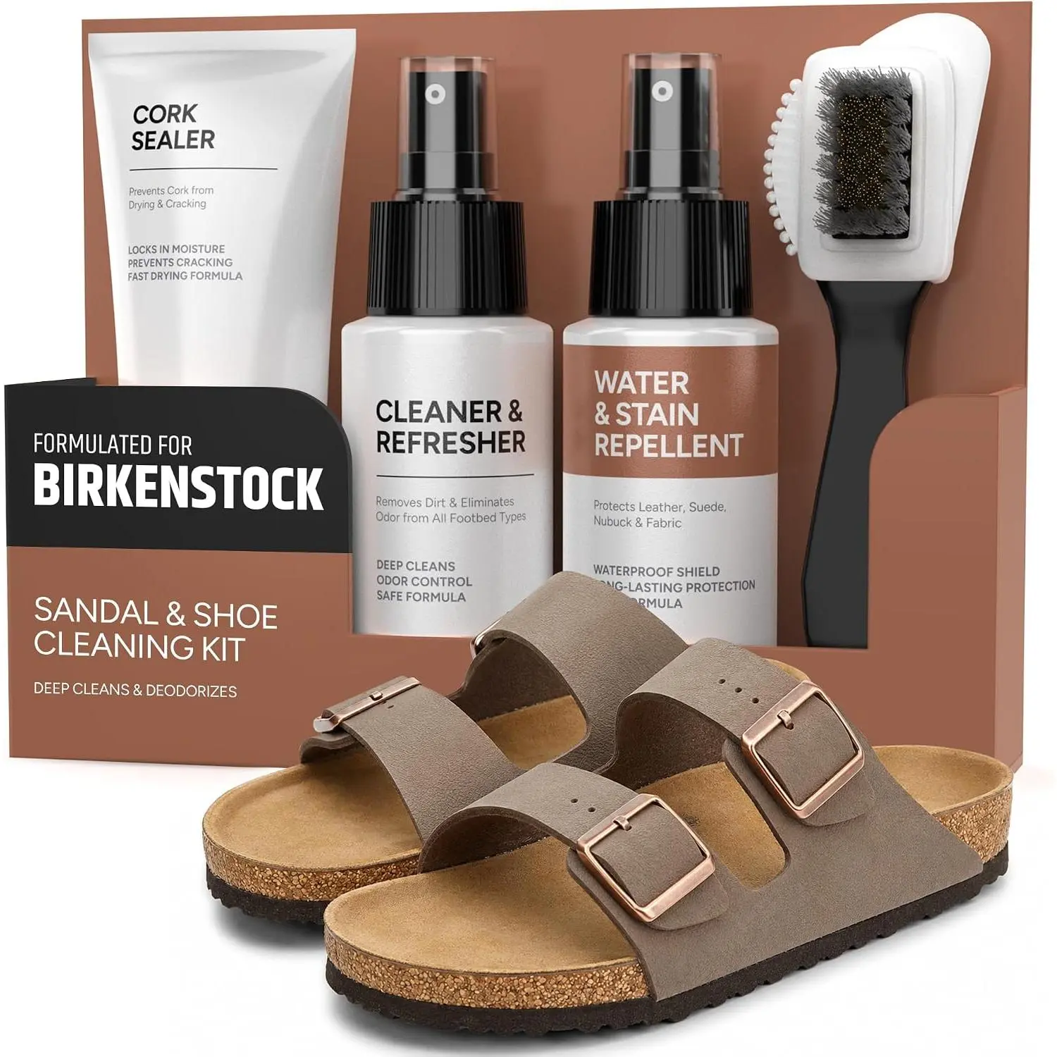 4-in-1 Sandal and Shoe Cleaning Kit for  –  Care Kit Safe for Leather, Suede, Nubuck & Cork - Includes Sealer, Protector , Cleaner & Brush
