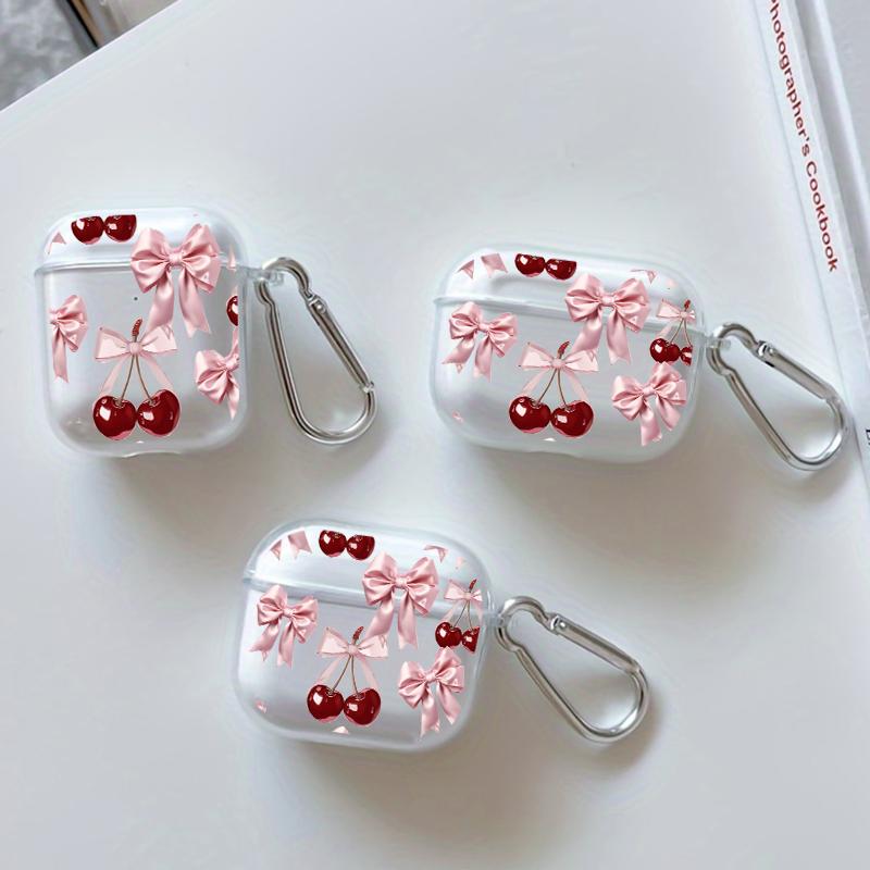 Cherry Bows Pattern TPU Soft Protective Case for Apple AirPods 4/3/2/1/Pro/Pro2 Transparent Earphone Cover with Keychain Attachment