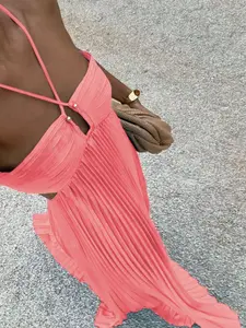 2026 Summer New Chic Solid Color Bustier Pleated Sleeveless Adjustable Strap Halter Dress, Elegant Neckline High Waist Long Sweet Sexy Back Tie Backless Fit A-Line Dress