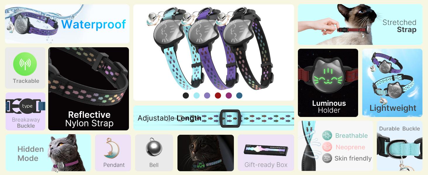 Waterproof Airtag Cat Collar, Breakaway Cat Airtag Collar with Luminous & Reflective Fish Pattern, Lightweight Kitten Collar for Apple Air tag, Hidden GPS Tracker Holder for Cats, Kittens(9-13")