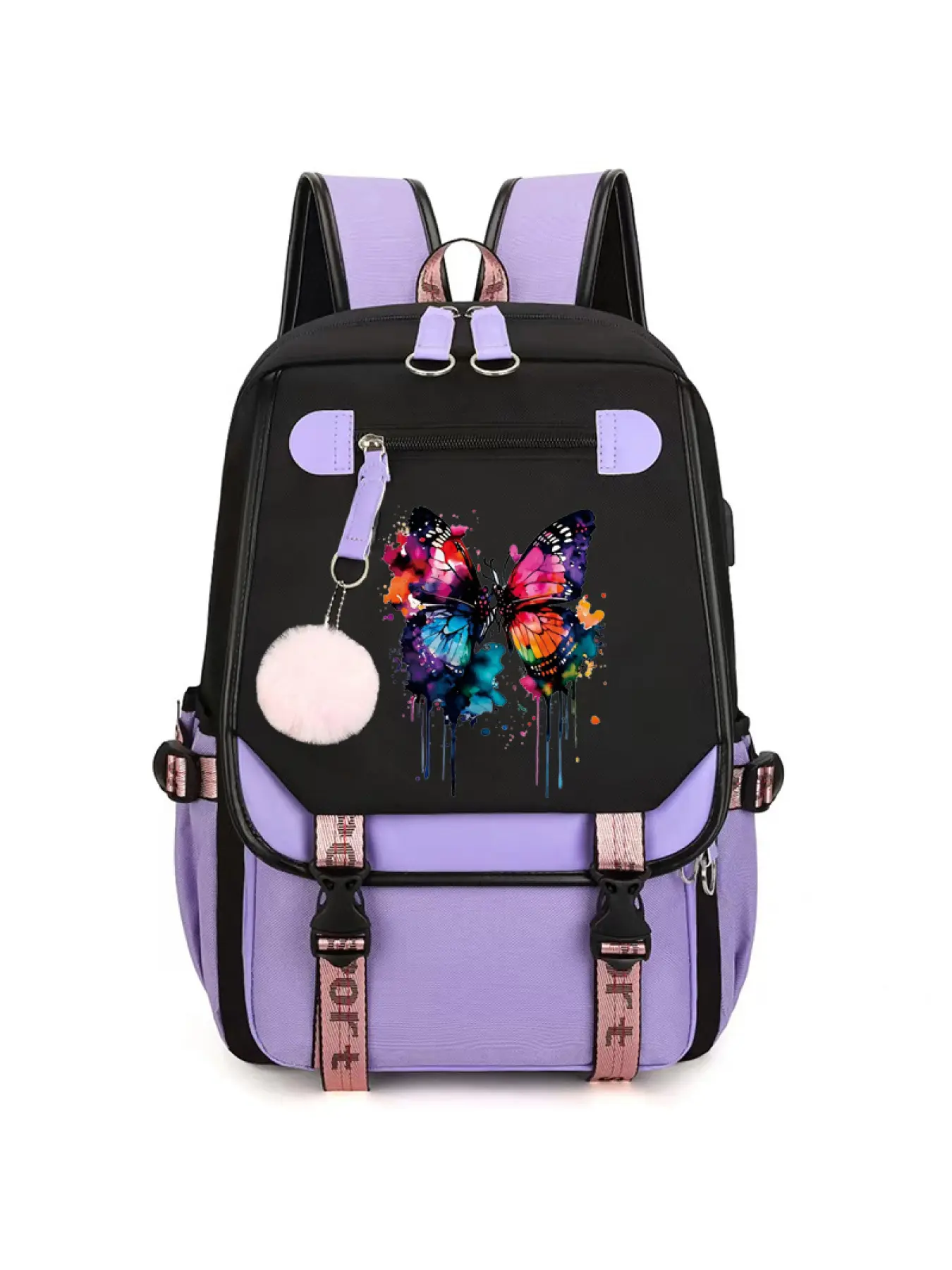 Back To School Colorful Watercolor Butterfly Student Class Backpack, Casual Backpack For Teen Girls, Purple Black Laptop Bookbag With USB Charging Port & Fluffy Pom Pom Pendant, Large Capacity Waterproof For Middle High School Travel