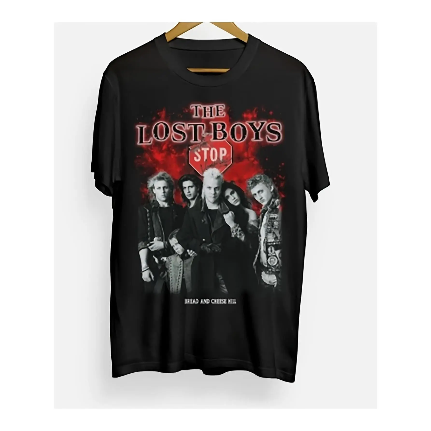 Vintage The Lost Boys vampire horror movie poster tee with red splatter background and classic cast portrait print, great for retro horror fans, movie nights and goth casual streetwear, soft knit crew neck short sleeve regular-fit men’s everyday top.