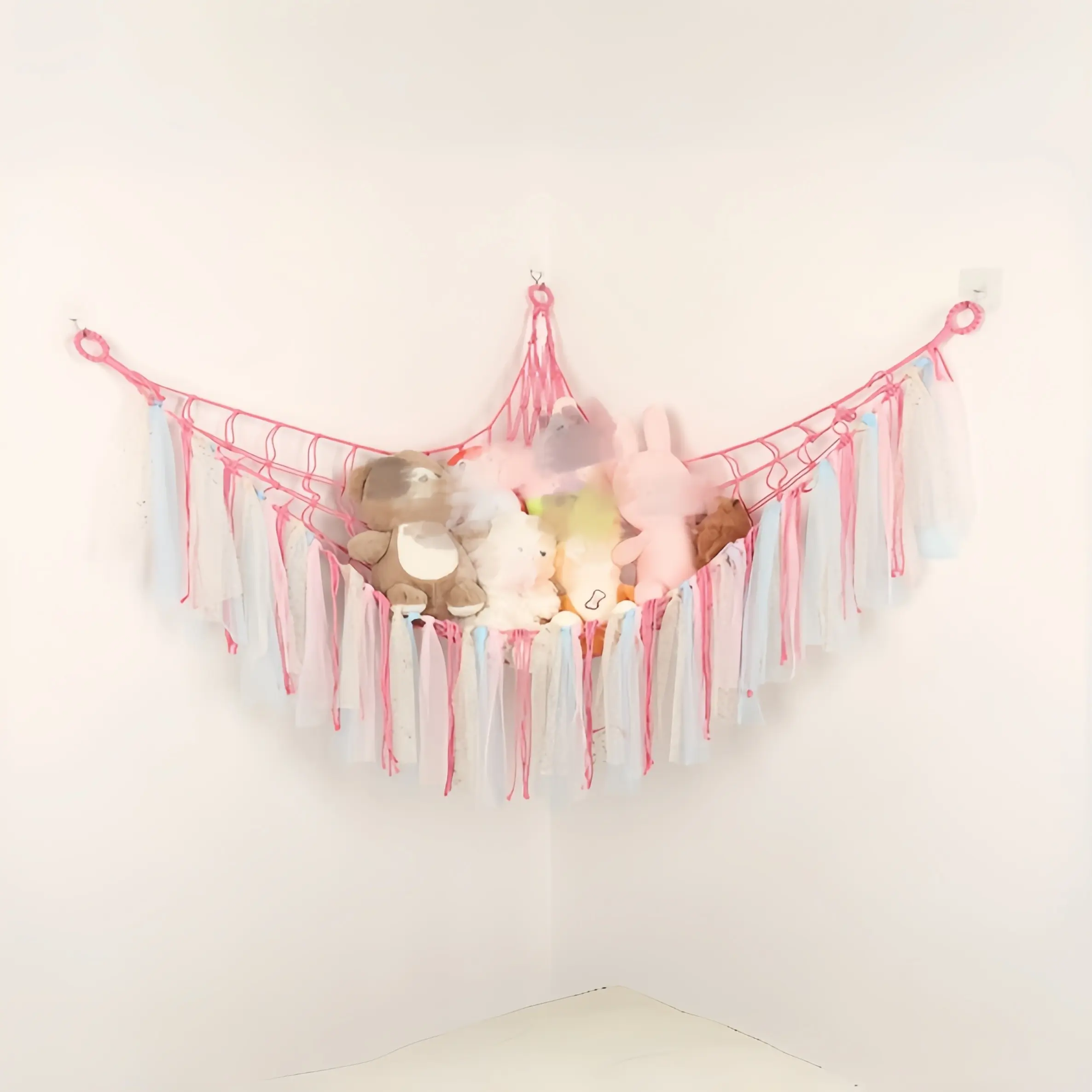 39×39×59 Inch Triangle Toy Hammock Storage Net, Hand Crocheted Stuffed Animal Organizer, Space-Saving Corner Ornament, Cute & Fun Hanging Toy Storage for Home Decor