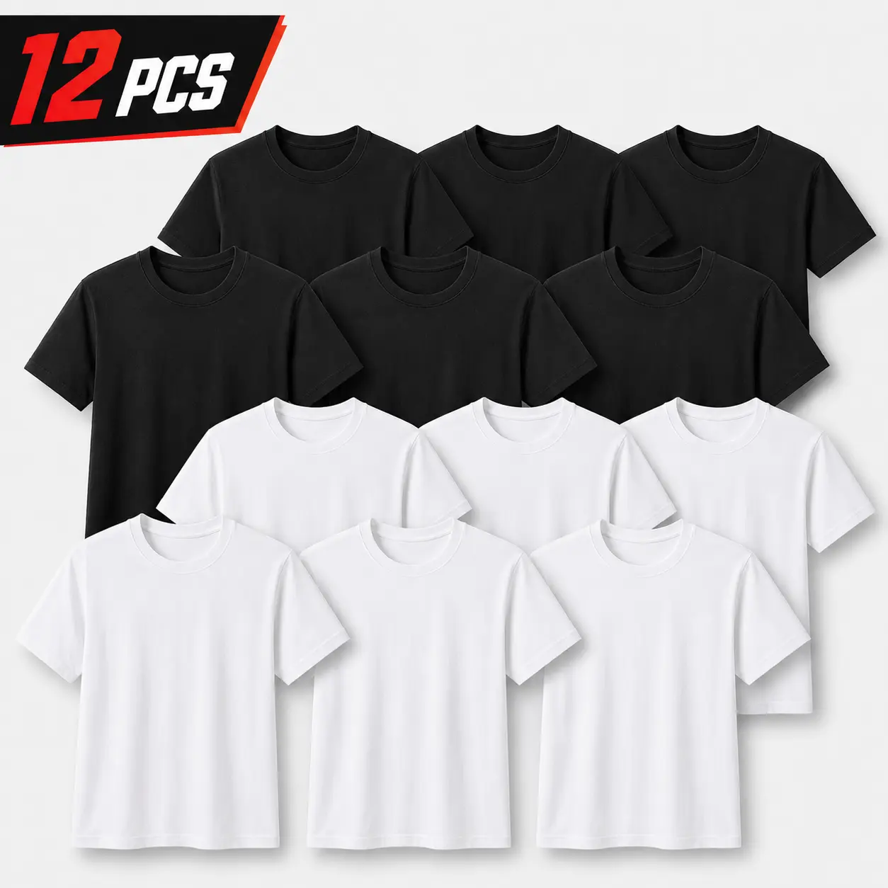 12-pack blank crew neck T-shirts, 100% cotton. A must-have for stocking up! 6 black + 6 white solid color unisex cotton short-sleeved base layers, suitable for sports occasions.cotton tee shirt