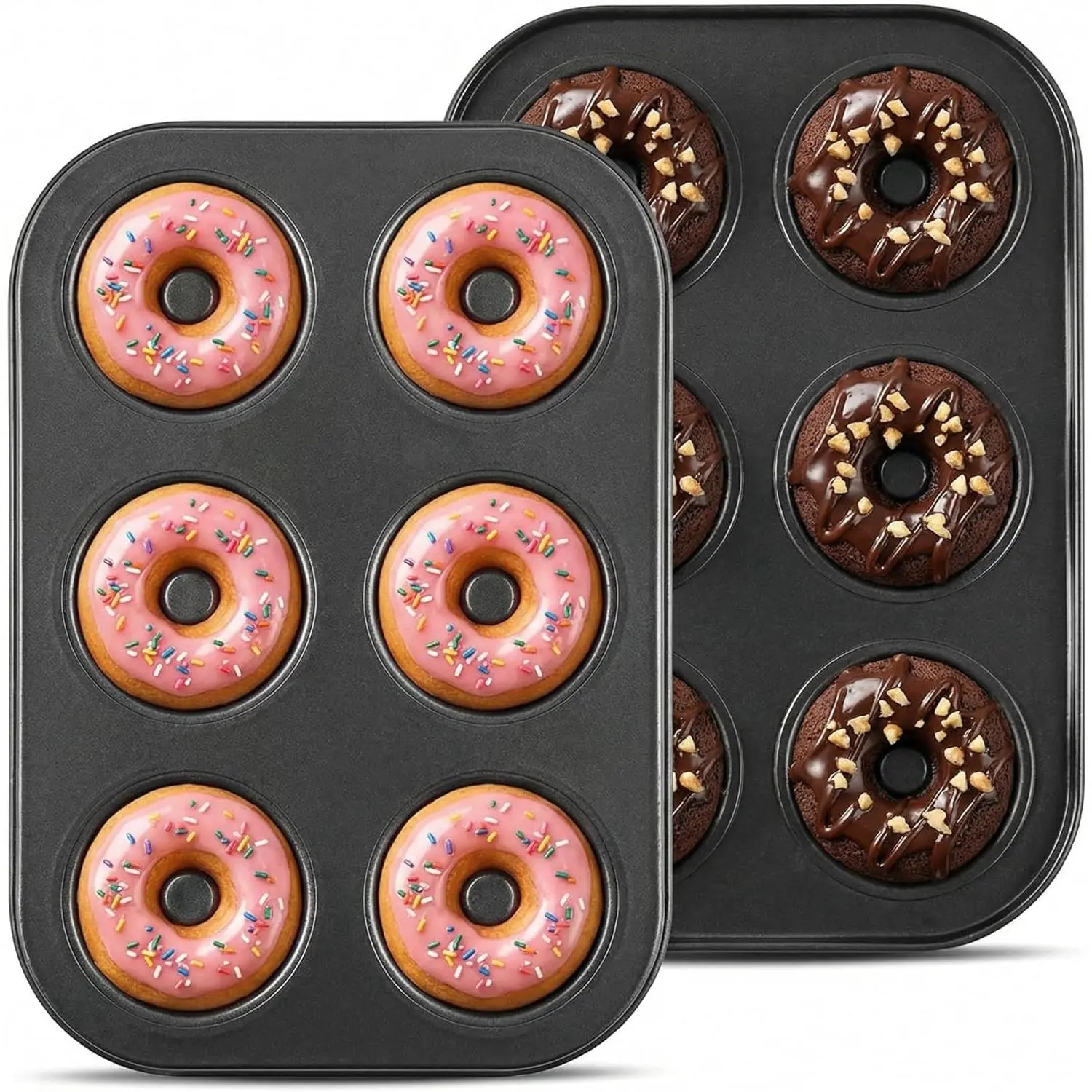 2 Packs 6 Cavity Nonstick Donut Baking Pans, Upgraded Deepened Carbon Steel Doughnut Mold for Baking Bagels and Cake Donuts, Oven Safe Up To 450F, Easy to Clean
