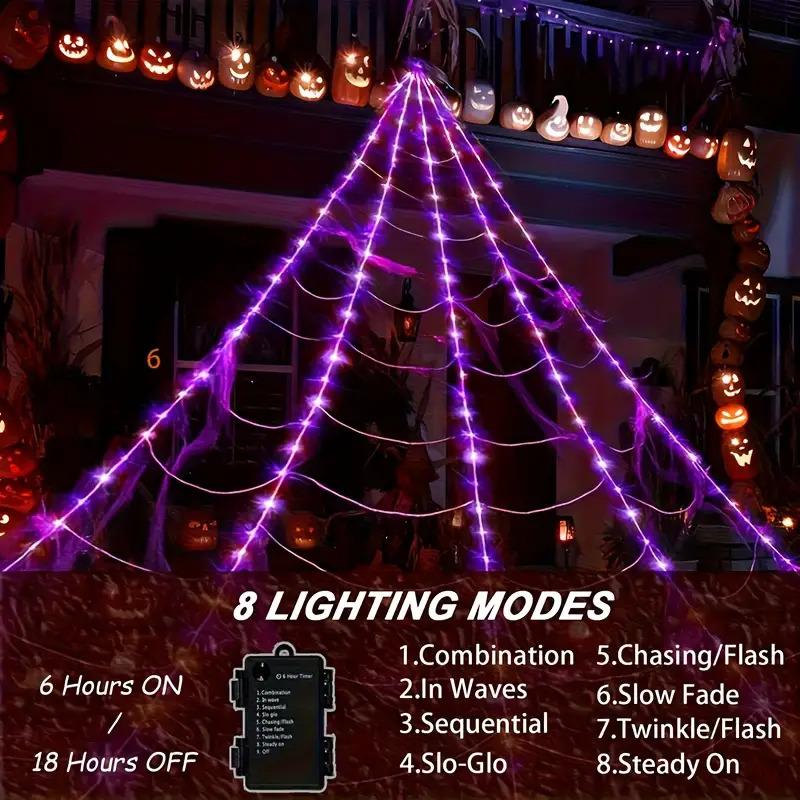 16ft Giant Spider Web LED Lights 250 Purple 8 Light Modes Outdoor Halloween Decor No Power Needed Easy Hang Spooky Show