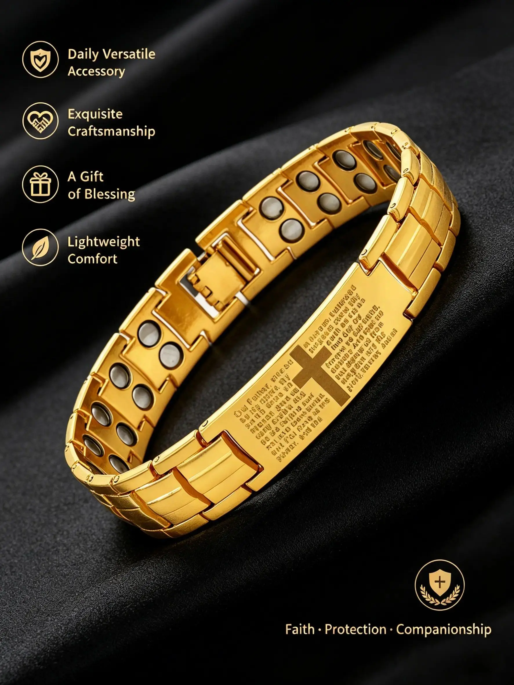 Cross Scripture Magnetic Therapy Link Bracelet For Men, Available In Gold, Silver, Rose & Black Tone, Stainless Steel Religious Faith Wrist Bracelet, Suitable For Prayer, Gift For Him, Bracelet Jewelry