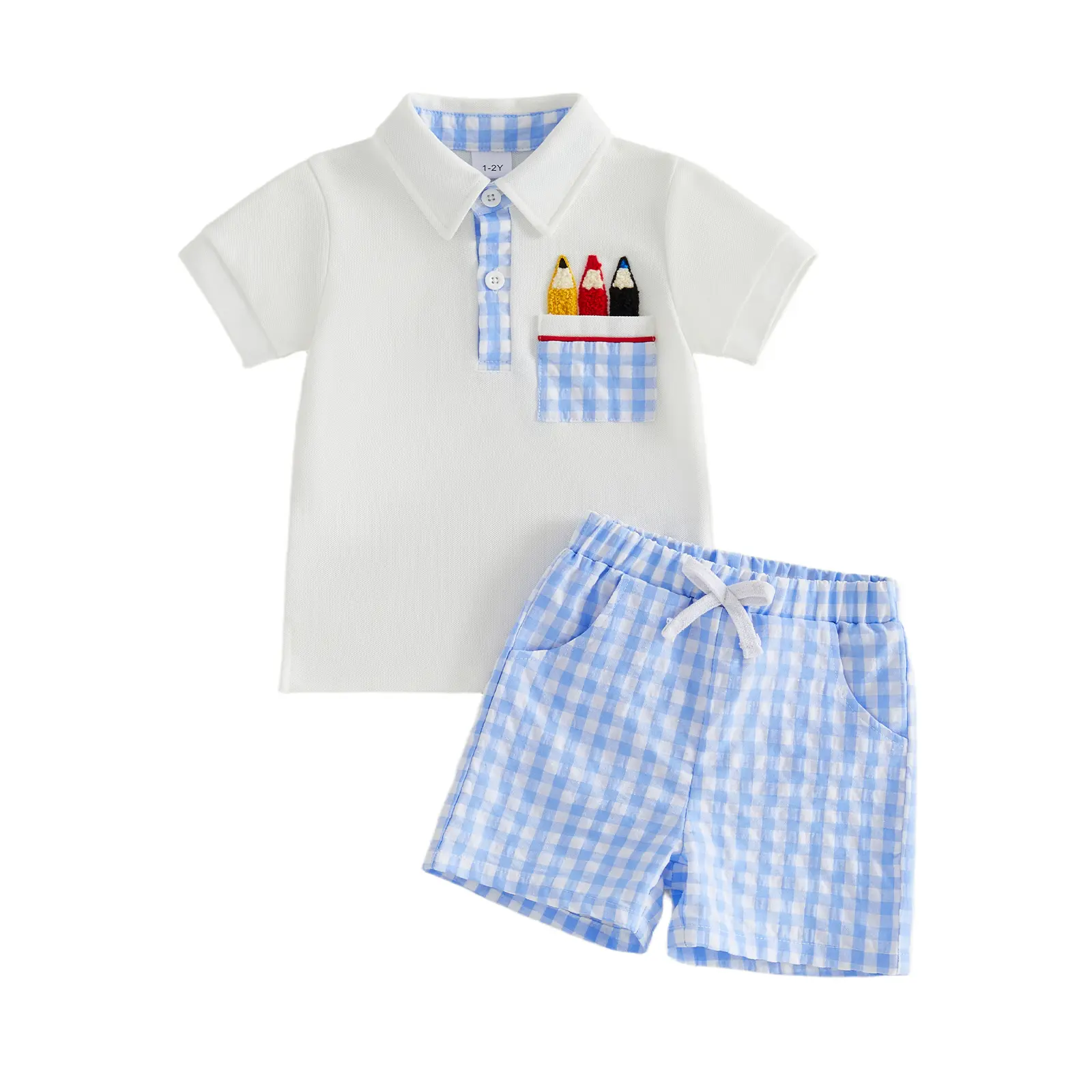 Toddler Baby Boy Back To School Outfit Pencil Embroidery Short Sleeve T-Shirt and Plaid Shorts 2 Pcs Set First Day of School Clothes