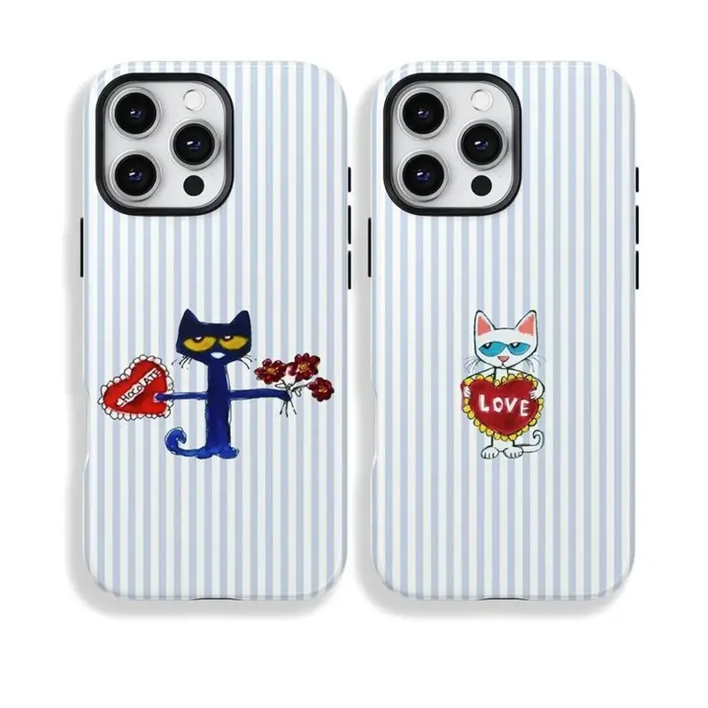Cute Matching Couple Cases: Pete & Callie, Blue Stripes Cat Cover   Phone Case Compatible with iPhone 17 16 15 14 13 12 11 pro pro max  Durable Protection Dual Layer Design Glossy