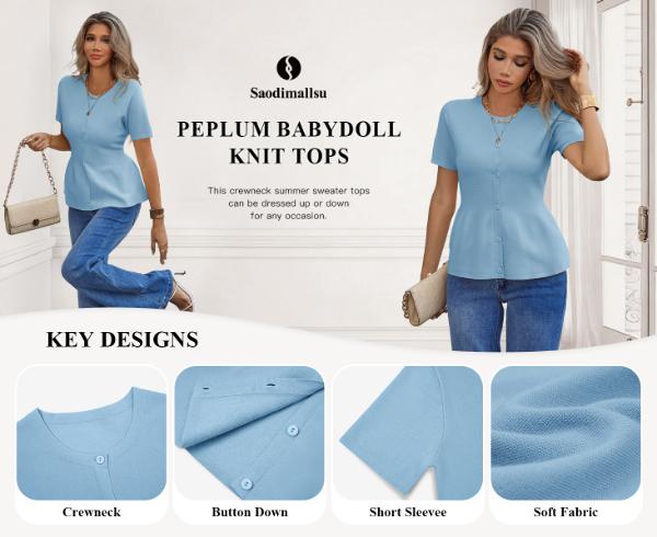 Saodimallsu Womens Short Sleeve Cardigans Ruffle Button Down Crew Neck Peplum Babydoll Knit Sweater Tops